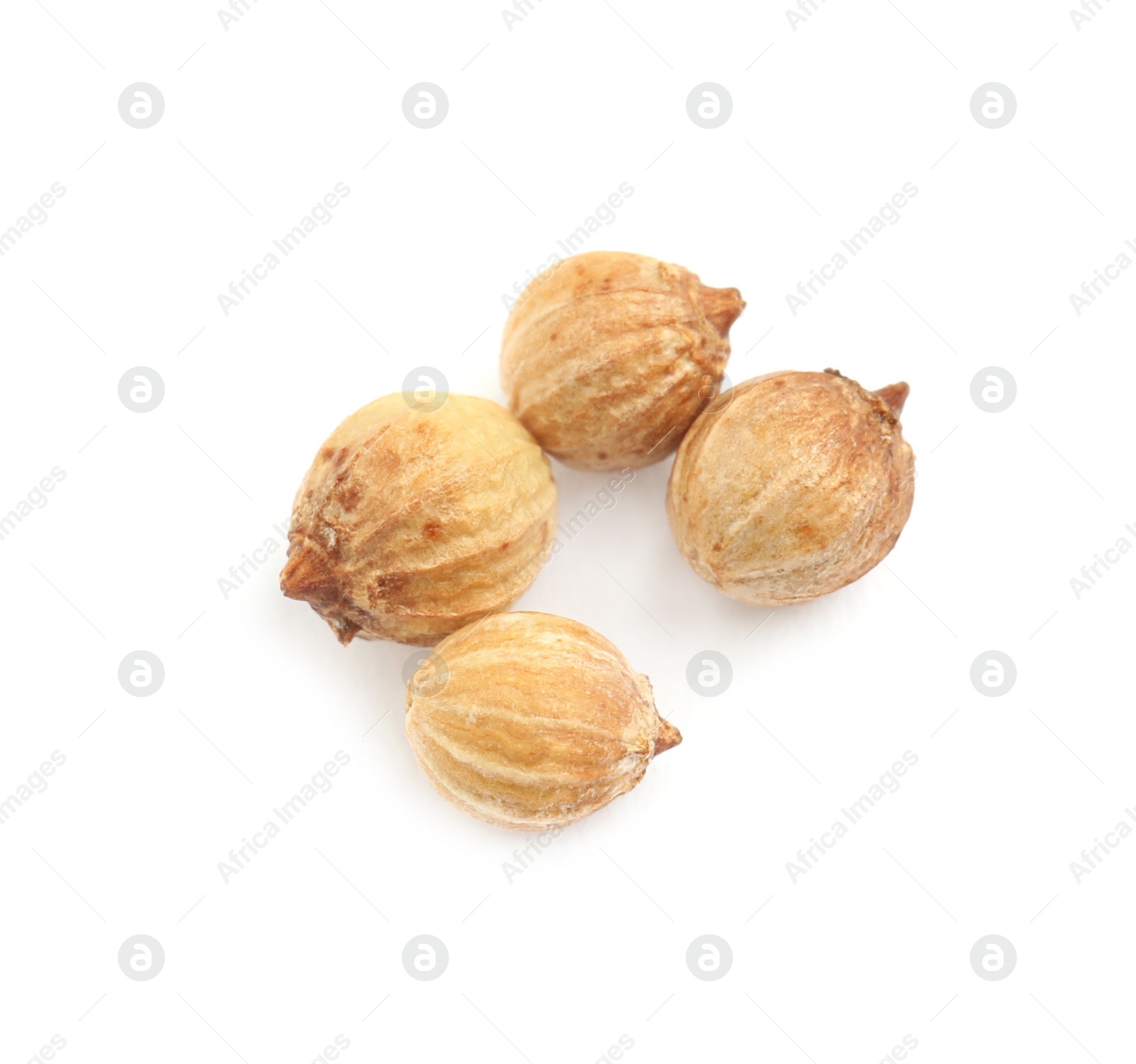 Photo of Scattered dried coriander seeds on white background, top view