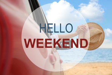 Image of Hello Weekend. Woman waving from car on beach, closeup