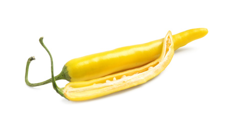 Photo of Cut and whole ripe yellow chili peppers isolated on white