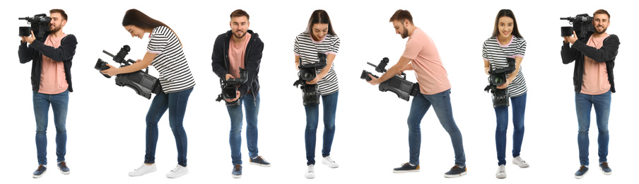 Collage of operators with professional video cameras on white background. Banner design