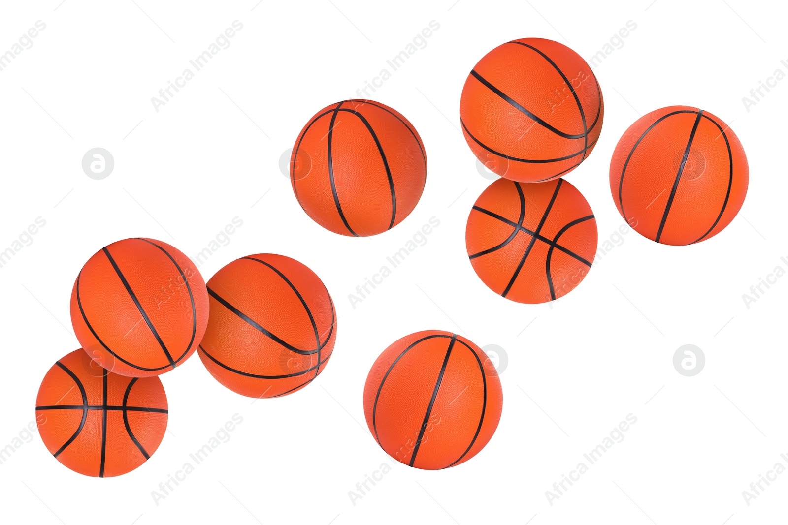 Image of Many basketball balls flying on white background