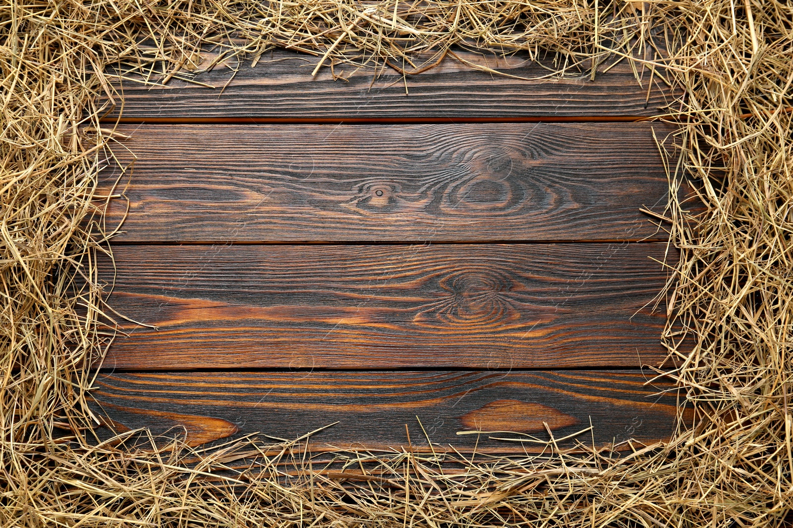 Photo of Frame made of dried hay on wooden background, top view. Space for text