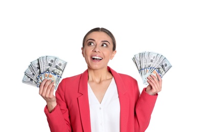 Portrait of young woman holding money banknotes on white background