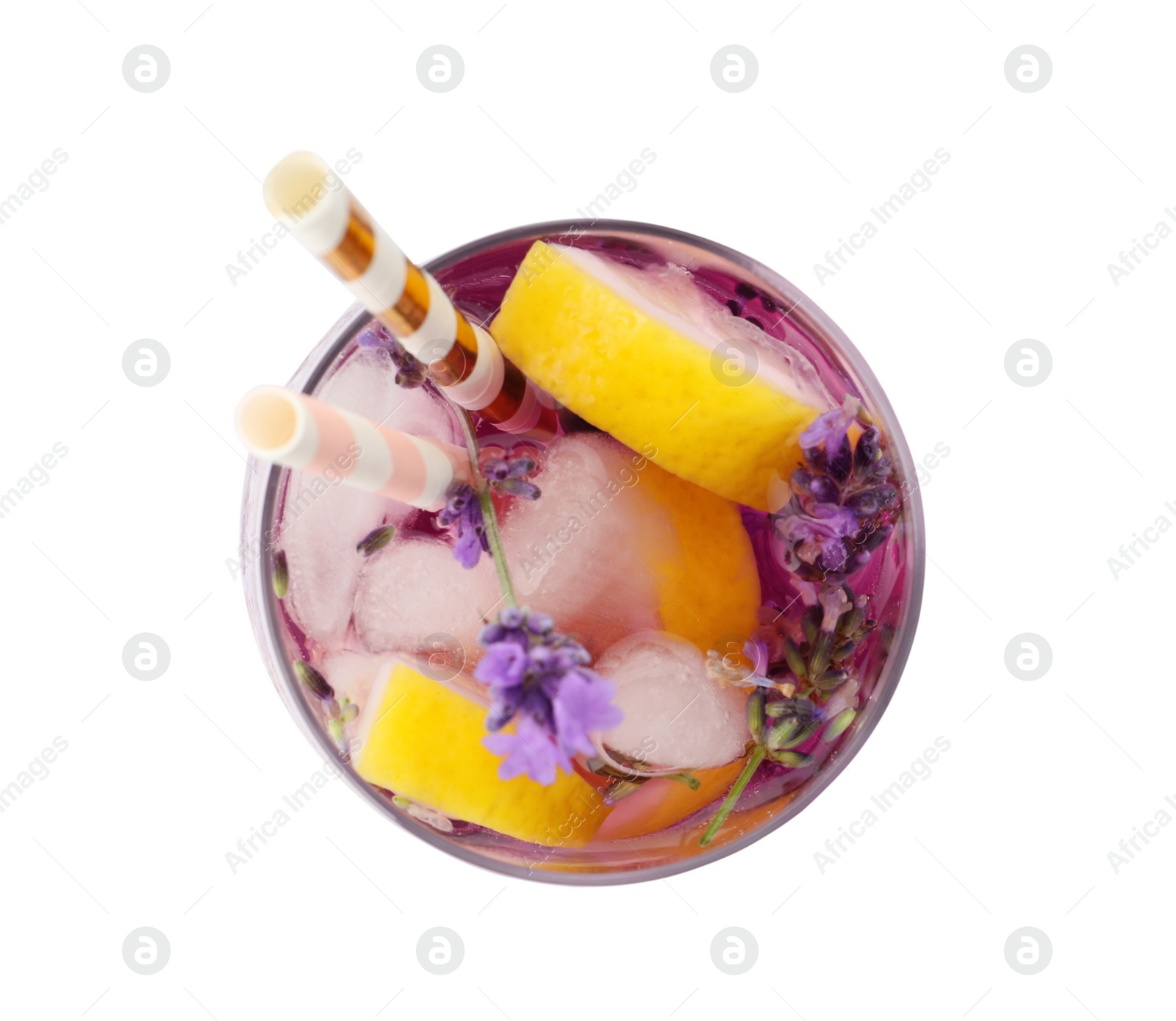 Photo of Fresh delicious lemonade with lavender and straws isolated on white, top view