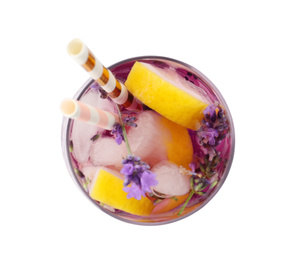 Photo of Fresh delicious lemonade with lavender and straws isolated on white, top view