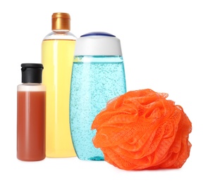 Personal hygiene products and shower puff on white background