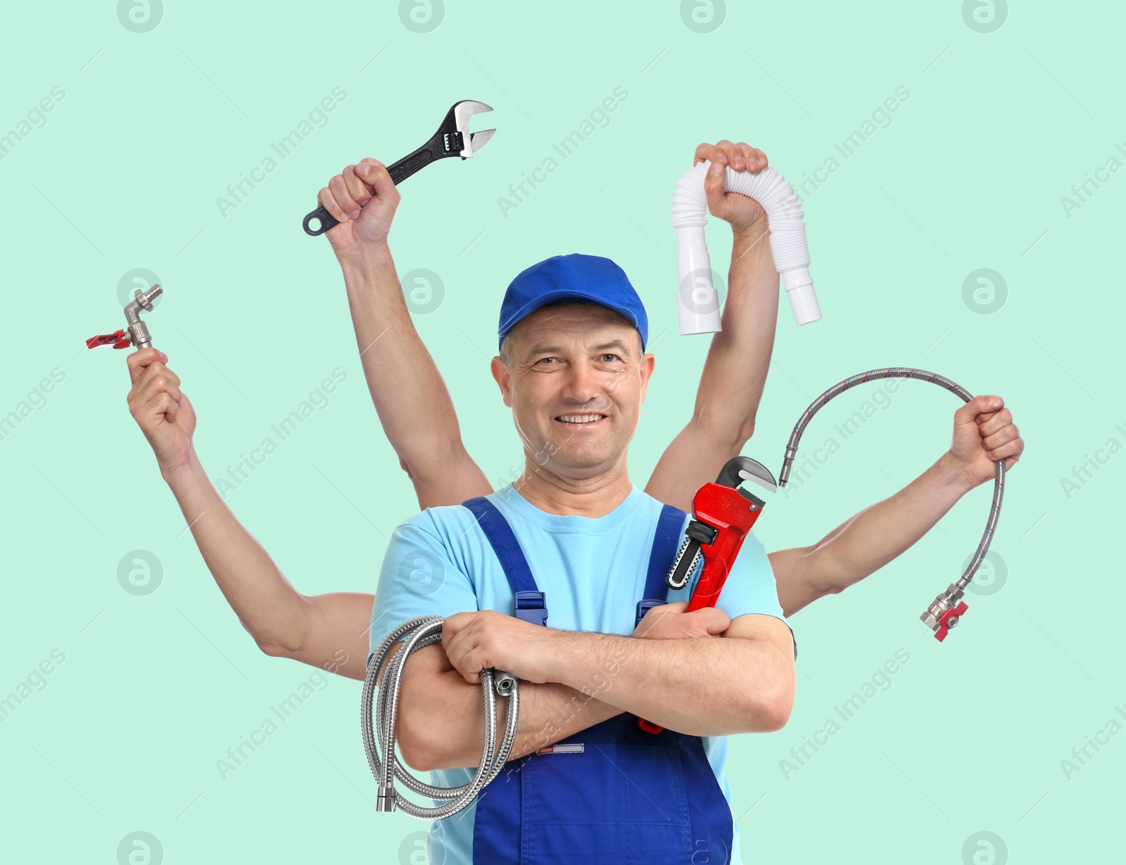 Image of Plumber with different tools on light blue background. Multitasking handyman