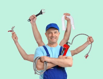 Plumber with different tools on light blue background. Multitasking handyman