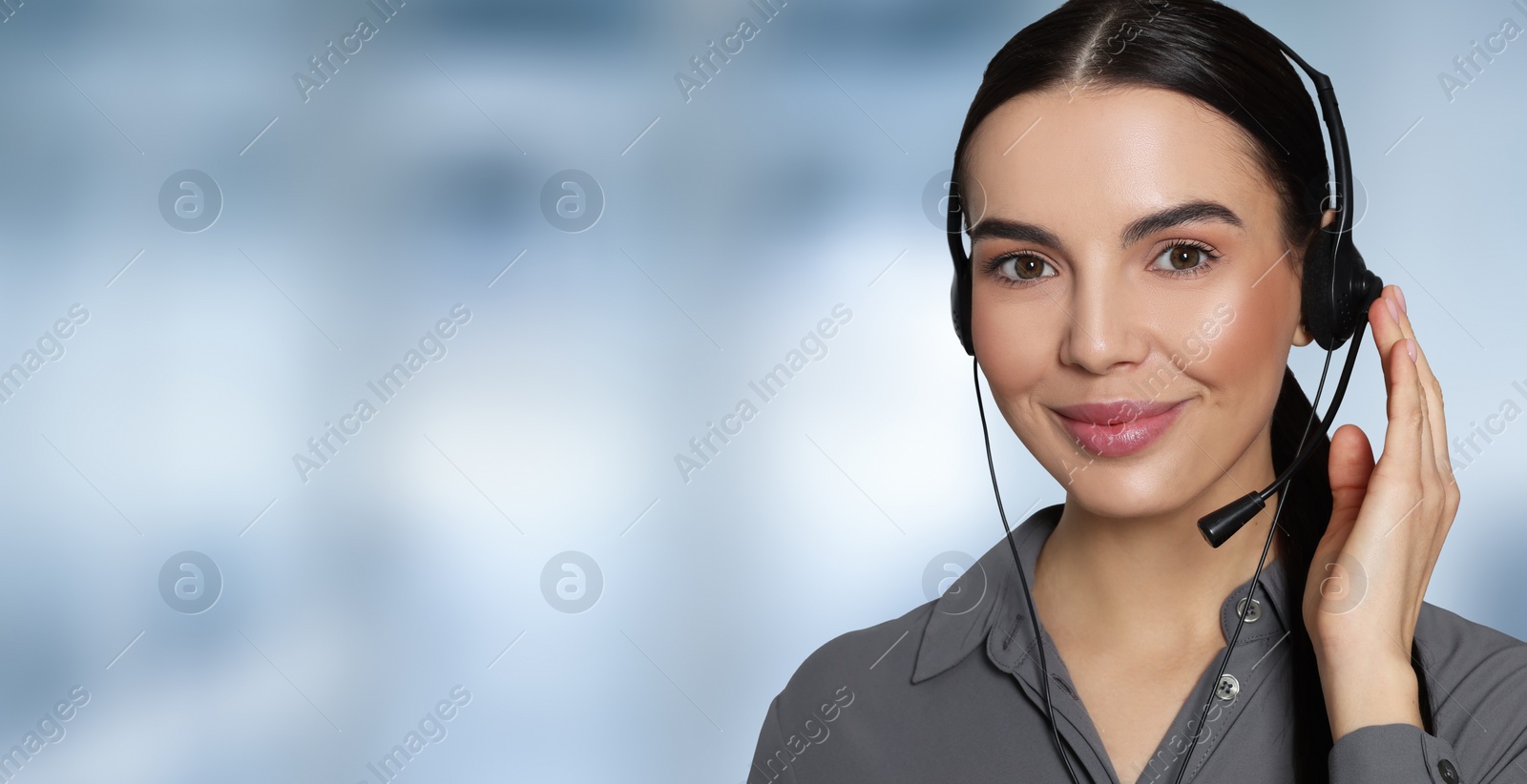 Image of Hotline operator with headset in office, space for text. Banner design