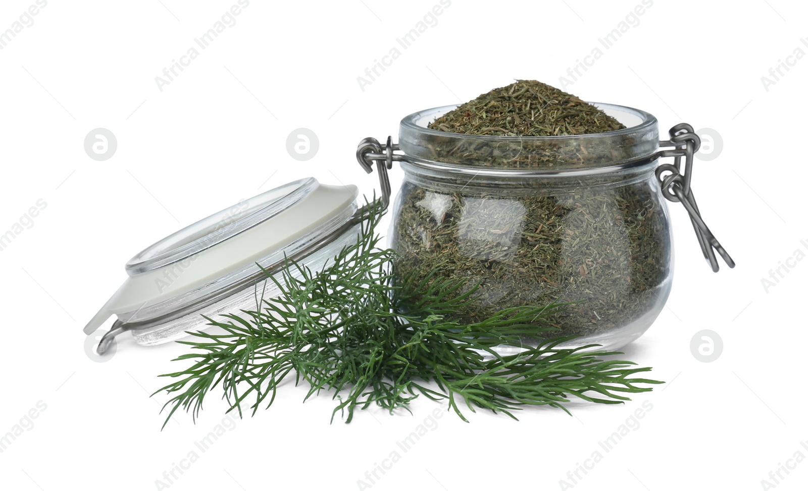 Photo of Aromatic dry and fresh dill on white background