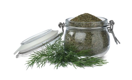 Photo of Aromatic dry and fresh dill on white background