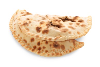 Photo of Two delicious calzones on white background, above view