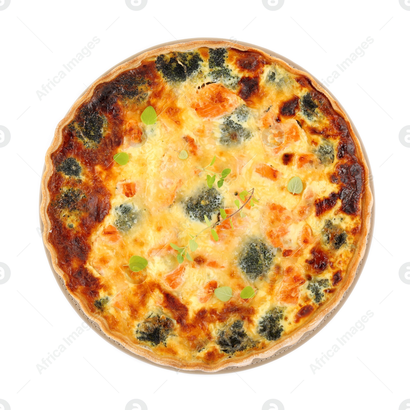 Photo of Delicious homemade quiche with salmon and broccoli isolated on white, top view