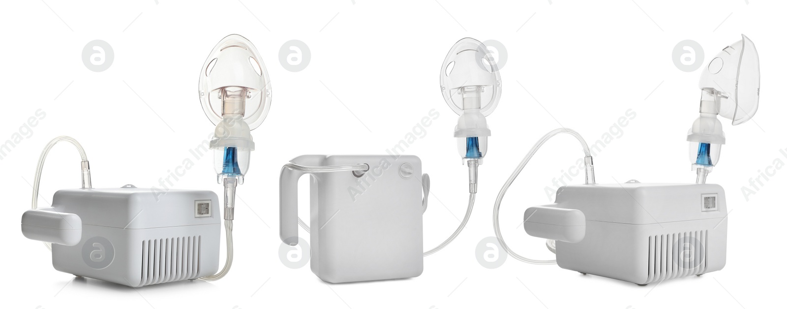 Image of Set of modern nebulizers on white background, banner design. Inhalation equipment