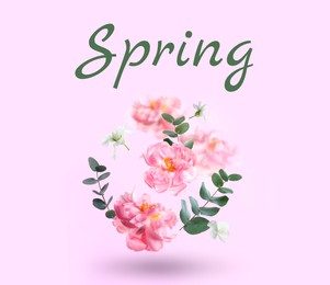 Image of Spring card design with beautiful flowers and eucalyptus leaves on violet background