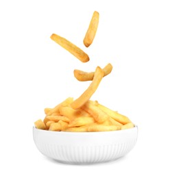 Image of Tasty French fries falling into bowl on white background
