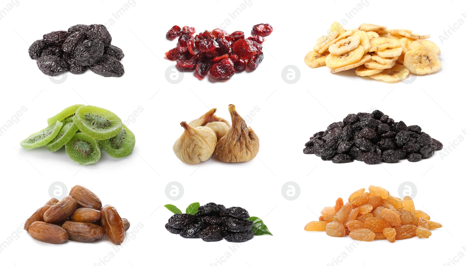 Image of Set with different tasty dried fruits on white background 