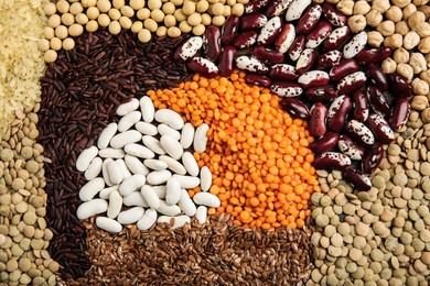 Photo of Different grains and seeds as background, top view. Veggie diet