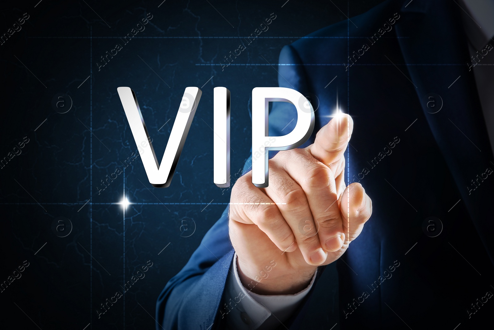 Image of VIP member. Closeup view of man pointing at virtual abbreviation on dark background