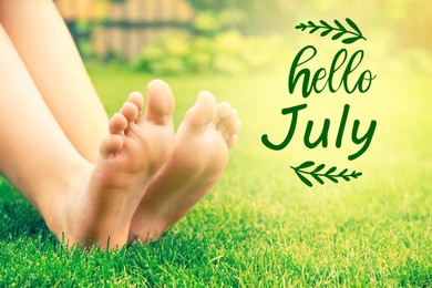 Image of Hello July. Woman sitting barefoot on fresh green grass outdoors, closeup