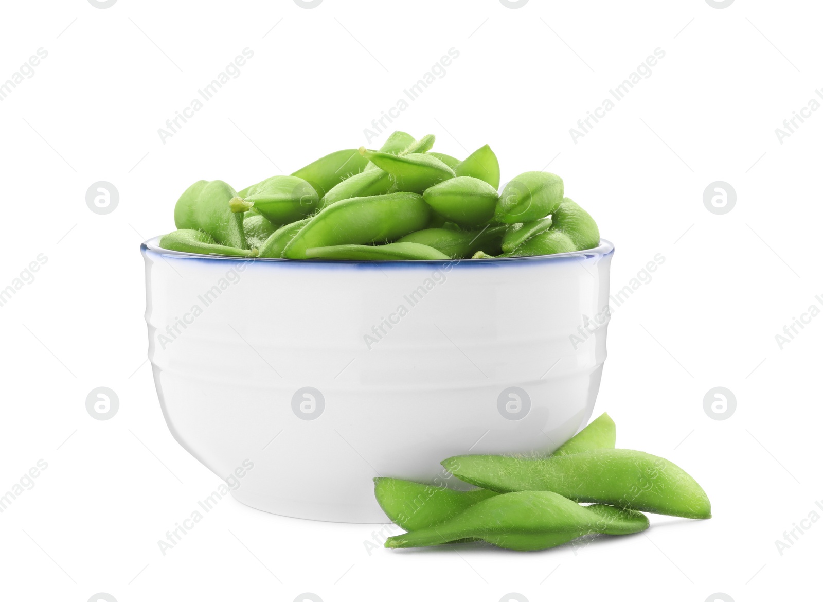 Photo of Bowl with green edamame pods on white background