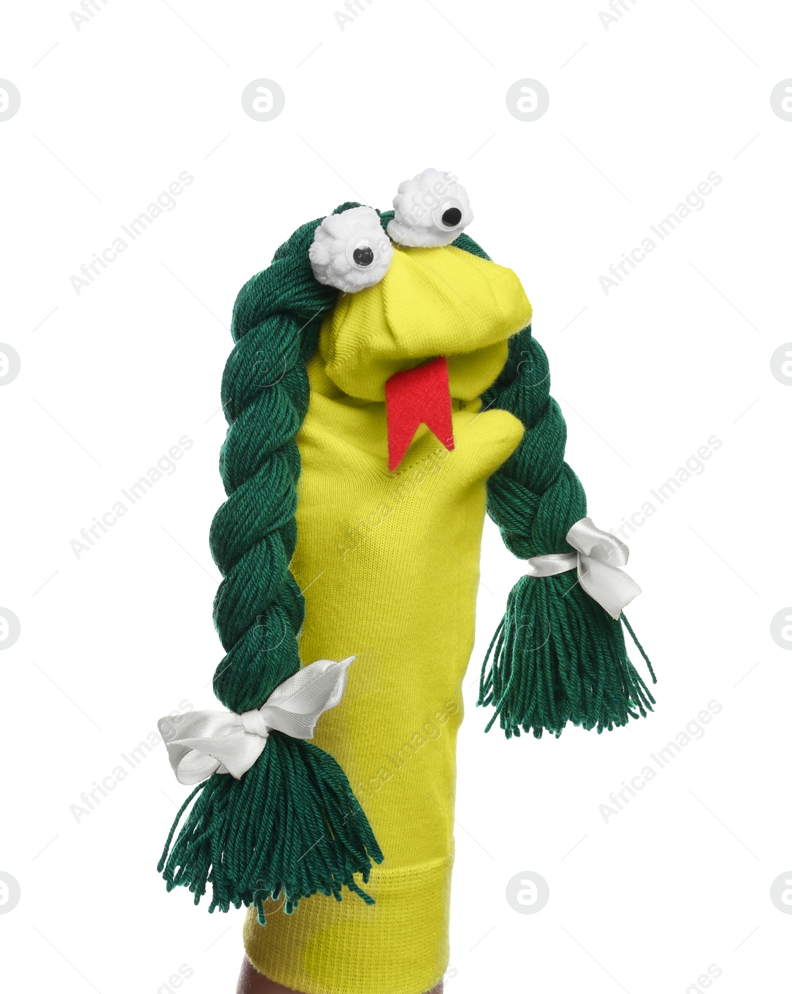 Photo of Funny sock puppet with braids isolated on white