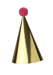 One shiny golden party hat isolated on white
