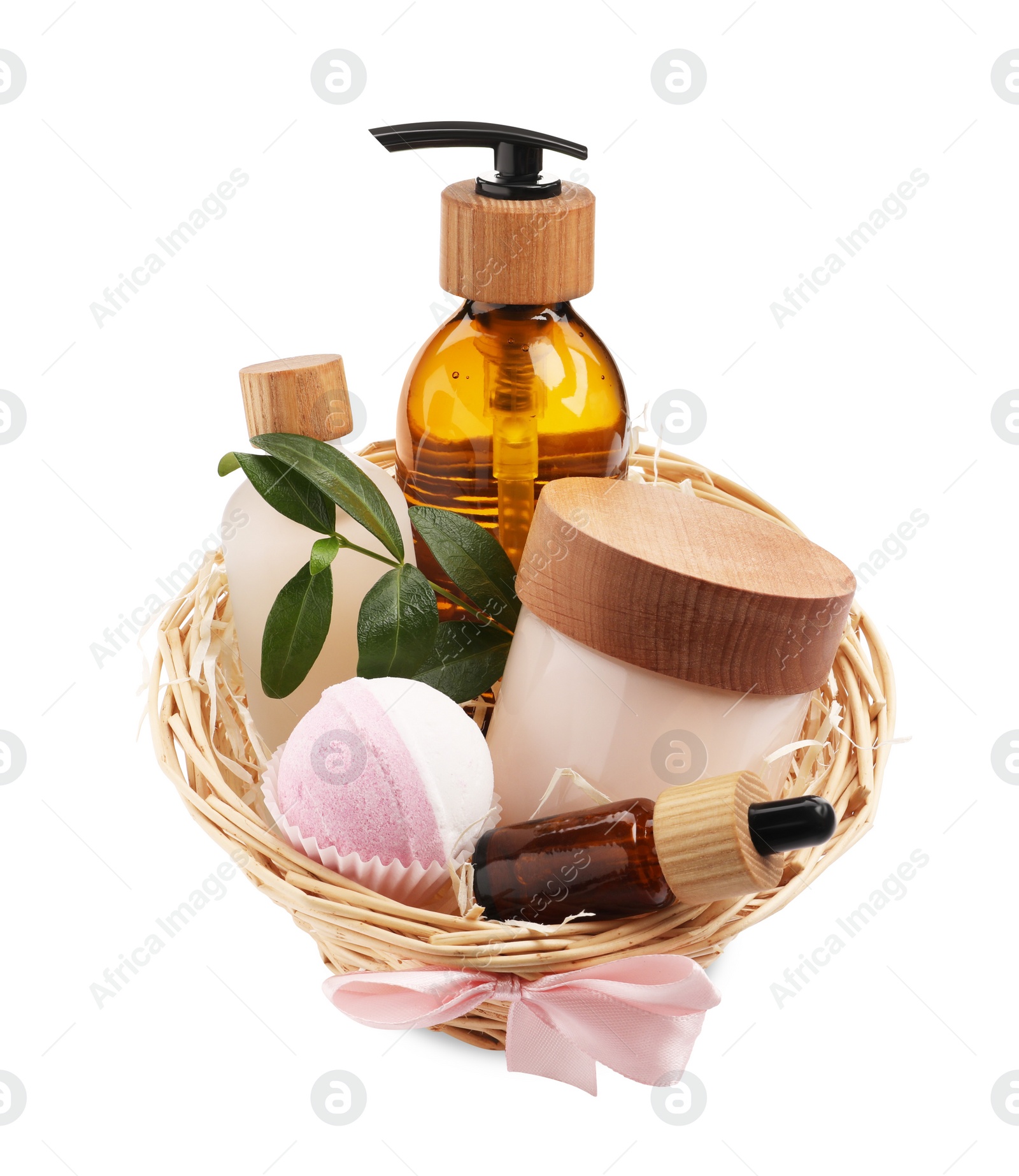 Photo of Spa gift set of different luxury products in wicker basket on white background