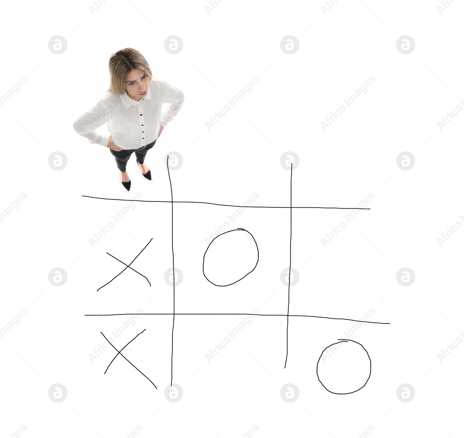 Image of Young woman and illustration of tic-tac-toe game on white background, above view. Business strategy concept 