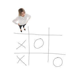 Young woman and illustration of tic-tac-toe game on white background, above view. Business strategy concept 