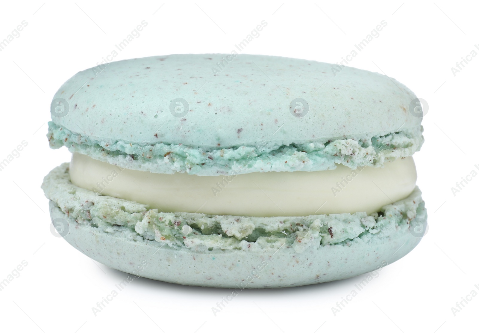 Photo of Light blue macaron isolated on white. Delicious dessert