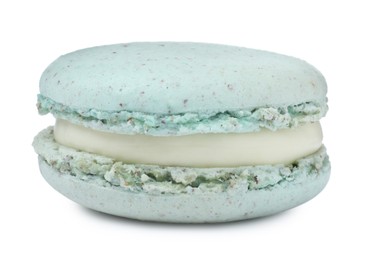 Photo of Light blue macaron isolated on white. Delicious dessert