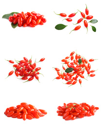 Image of Set of fresh goji berries on white background