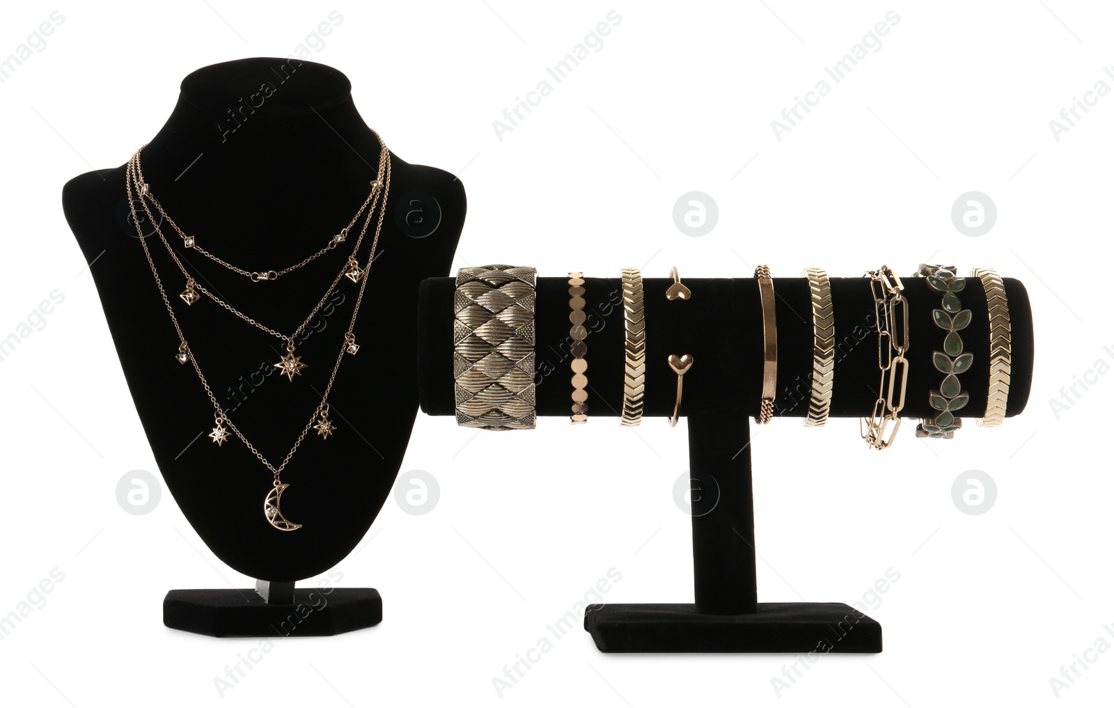 Photo of Different display stands with stylish jewelry on white background