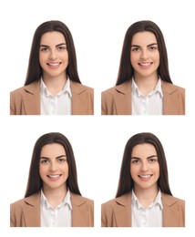 Image of Passport photo, collage. Woman on white background, set of photos