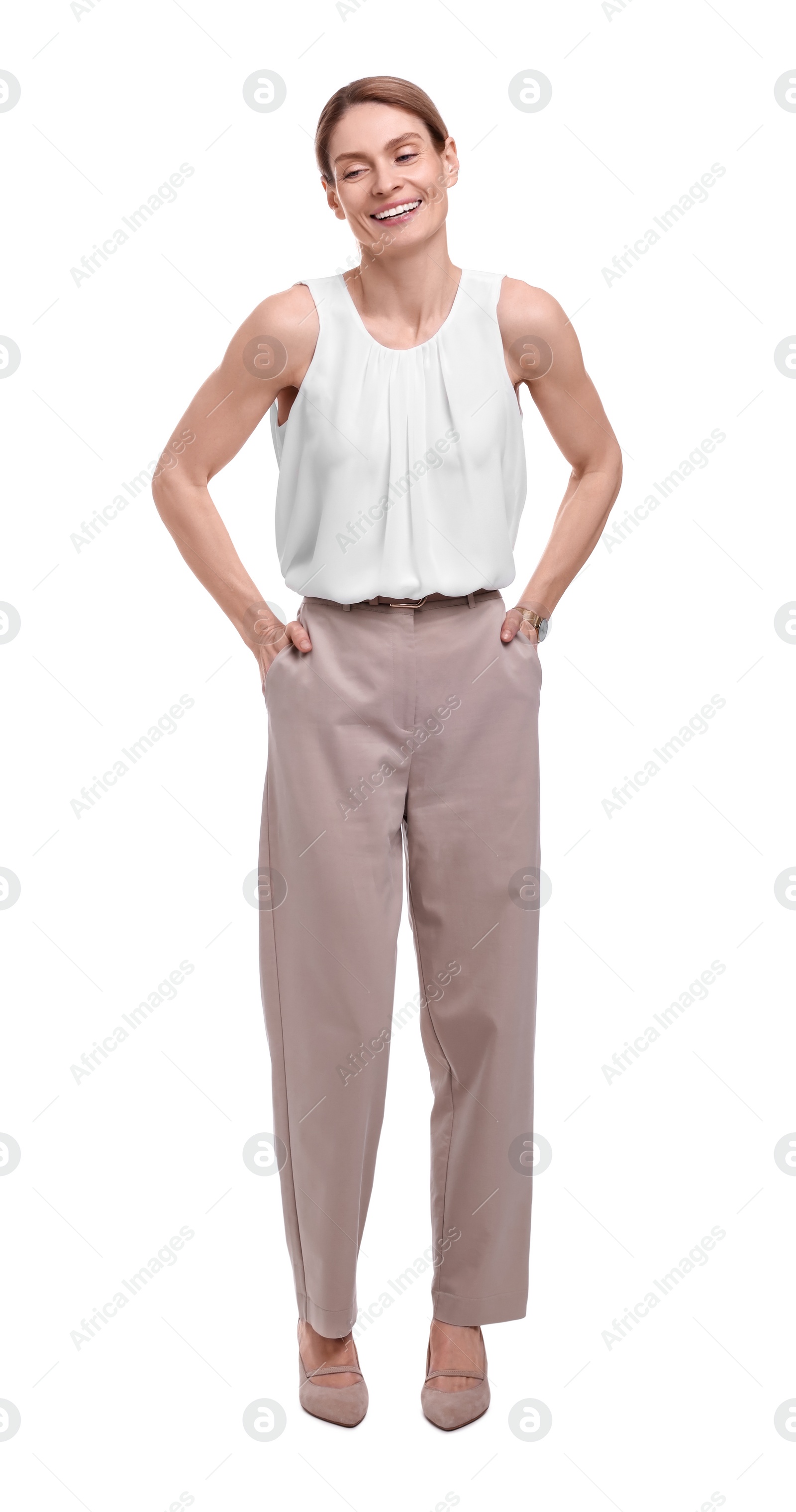 Photo of Full length portrait of beautiful happy businesswoman on white background