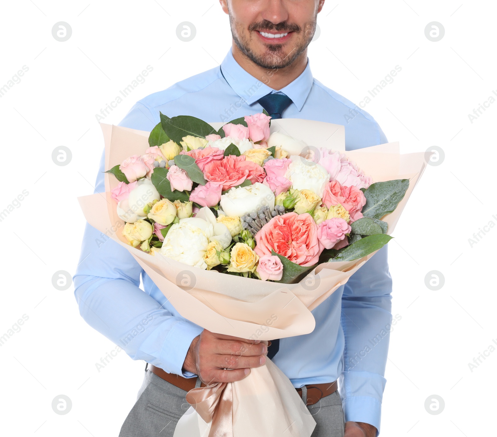 Photo of Young man with beautiful flower bouquet on white background, closeup view