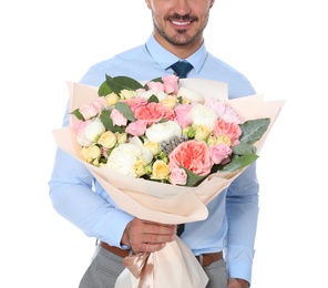 Young man with beautiful flower bouquet on white background, closeup view