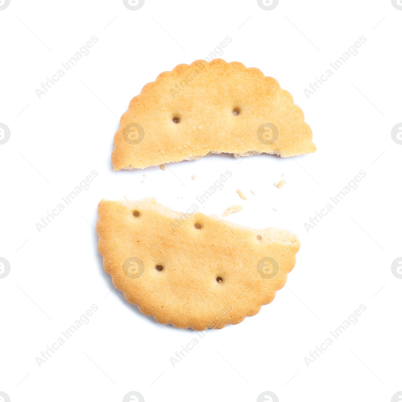 Photo of Crispy broken cracker isolated on white, top view