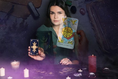 Image of Soothsayer predicting future with tarot cards at table in darkness, double exposure