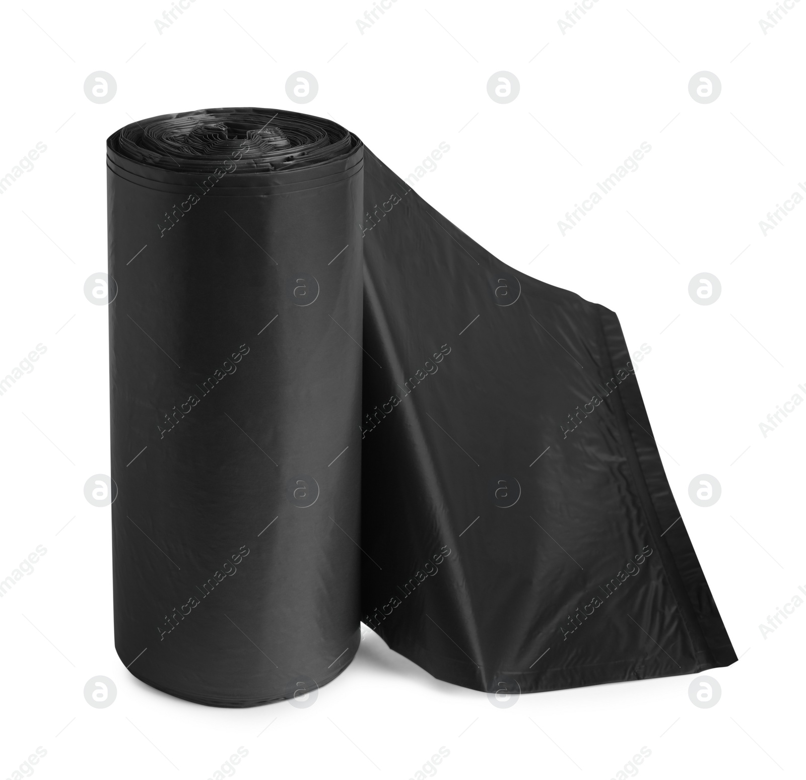 Photo of Roll of black garbage bags on white background. Cleaning supplies