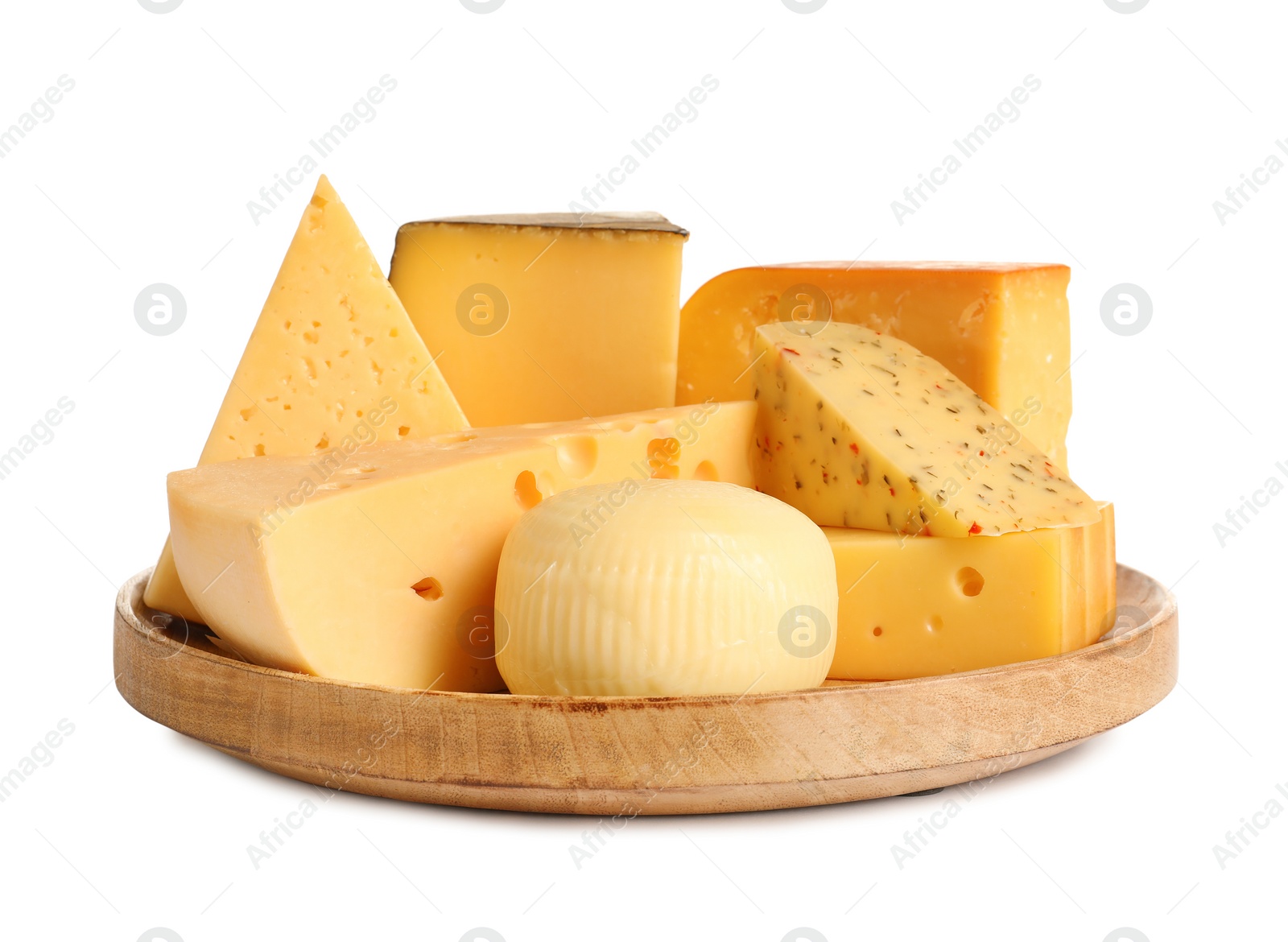 Photo of Wooden plate with different kinds of cheese on white background