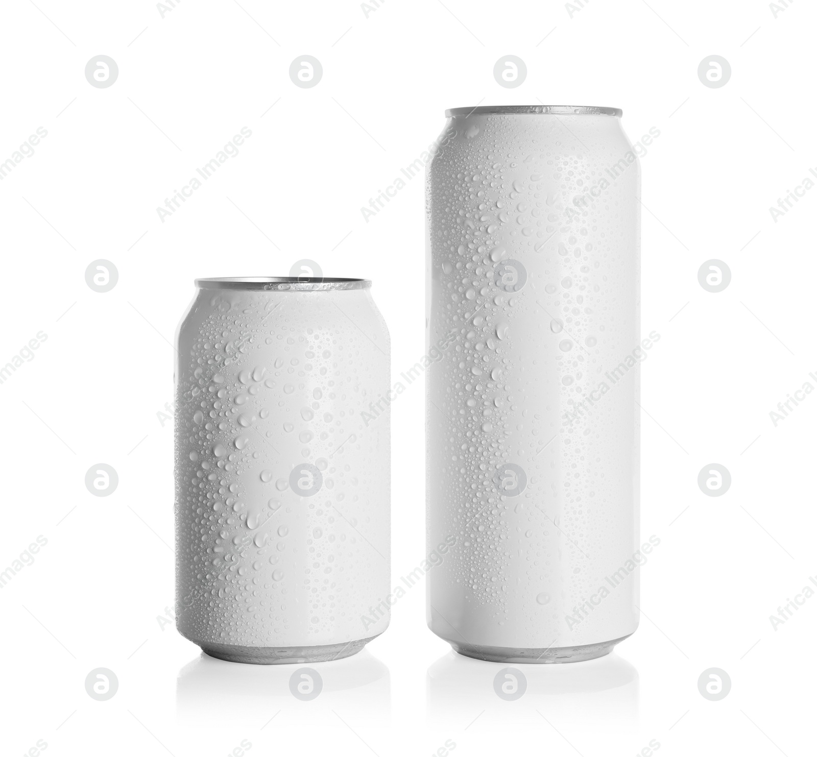 Photo of Aluminum cans with drinks on white background