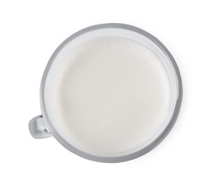 Glass of fresh milk isolated on white, top view