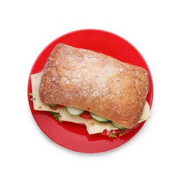 Photo of Delicious sandwich with fresh vegetables, cheese and salami isolated on white, top view