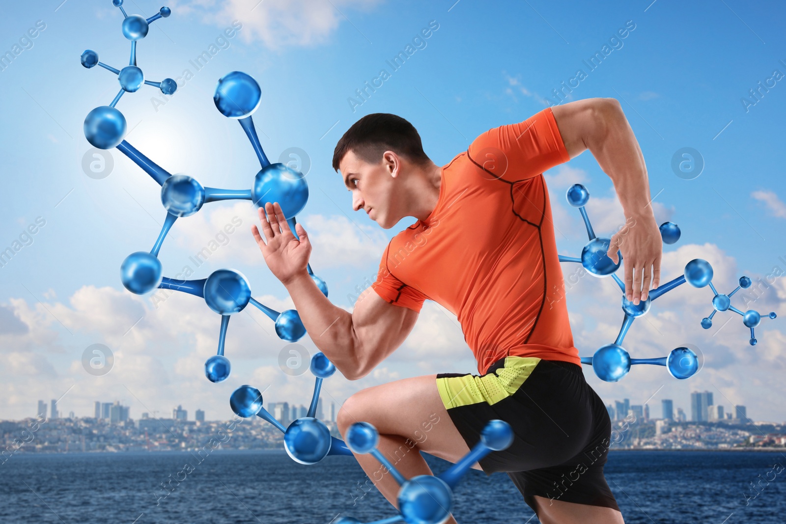 Image of Metabolism concept. Molecular chain illustration and athletic young man running near sea on sunny day