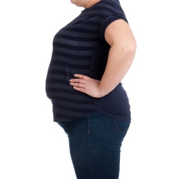 Photo of Overweight woman on white background, closeup. Weight loss