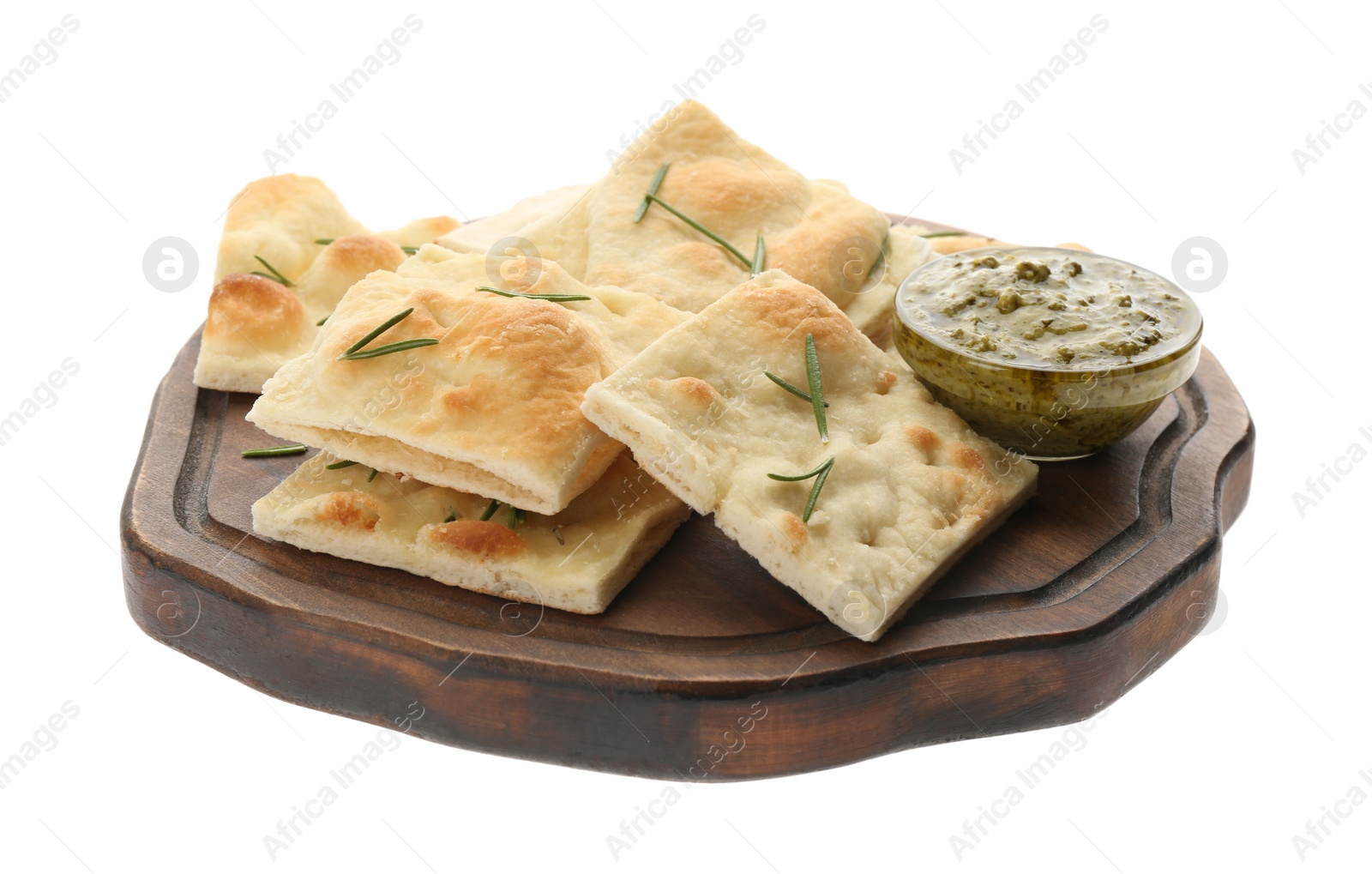 Photo of Slices of delicious focaccia bread on white background