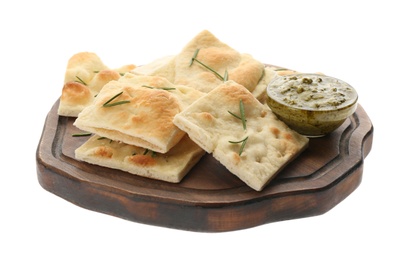 Slices of delicious focaccia bread on white background