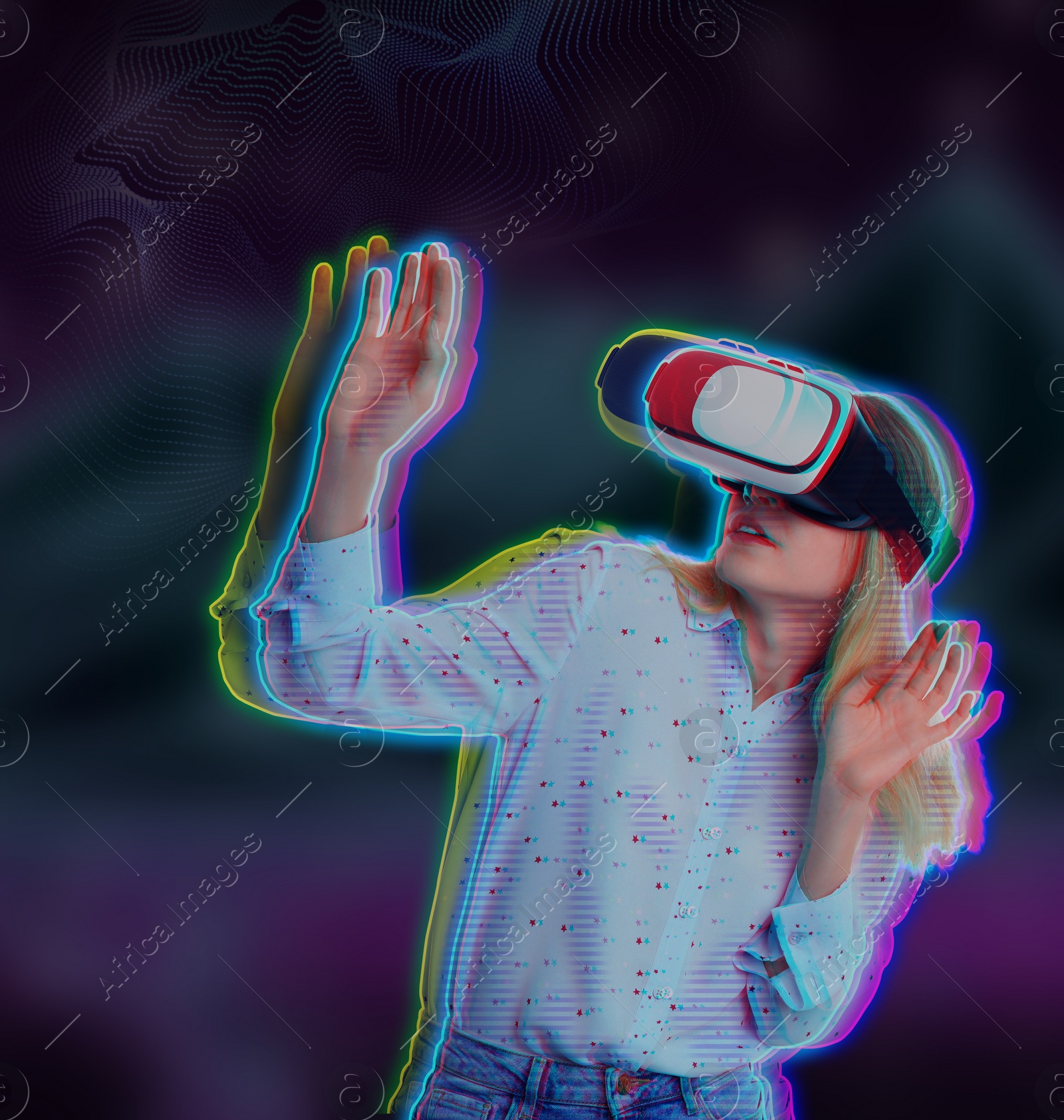 Image of Metaverse. Woman using virtual reality headset, glitch effect. Illustration of immersion into cyber space
